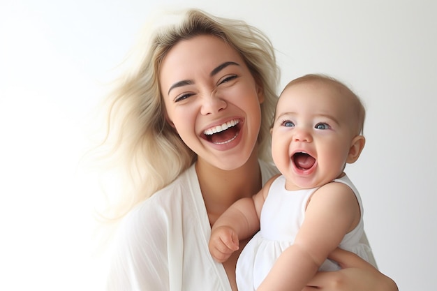 Mother and baby laughing together on white background