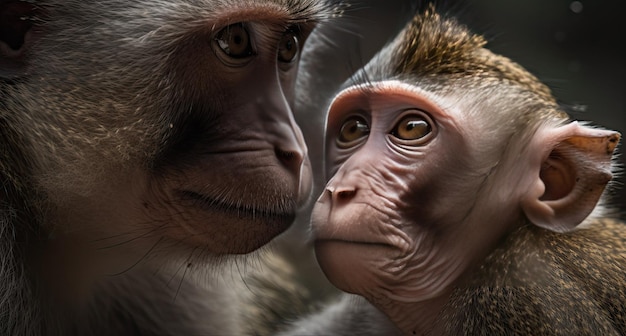 A mother and baby monkey kissing each other