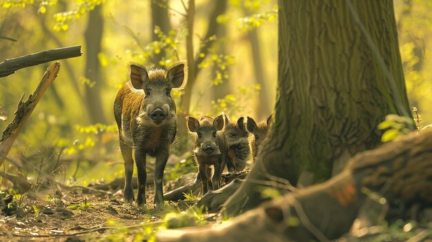 Photo a mother and baby moose are walking in the woods