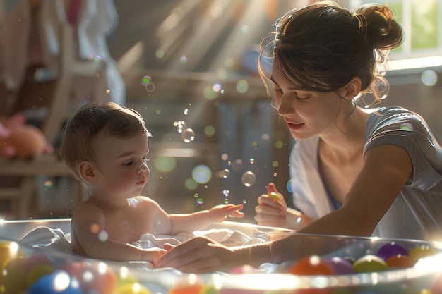 Mother and baby playing with a baby sensory bin oc