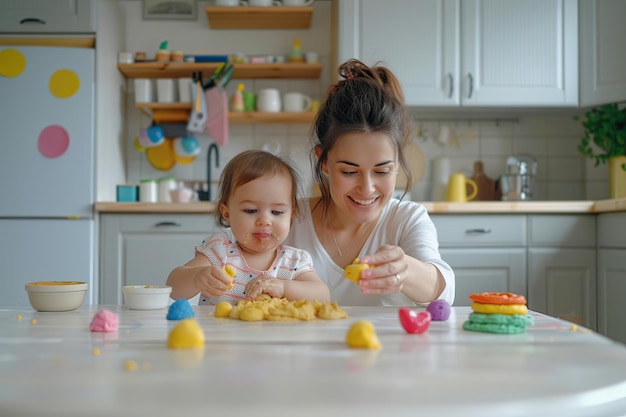 Mother and baby playing with dough in the kitchen at home