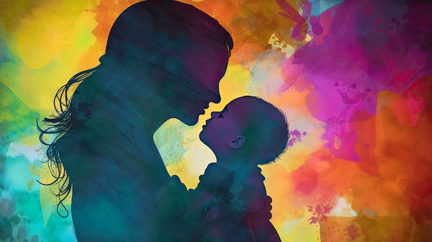 A mother and baby silhouetted against a colorful background.