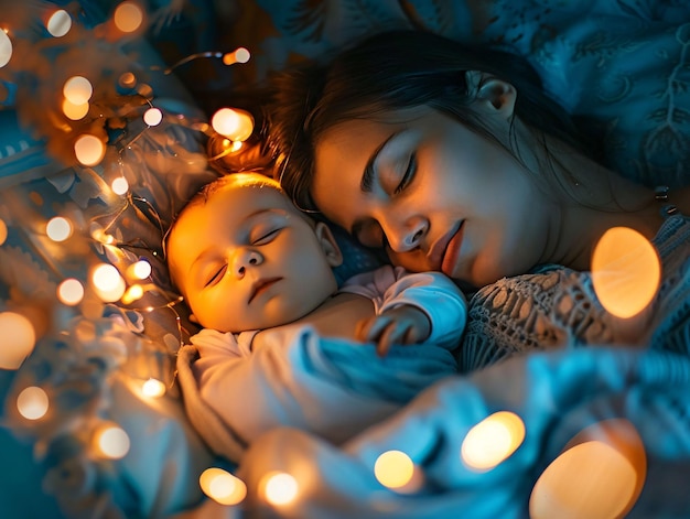 a mother and baby sleeping in a bed with christmas lights