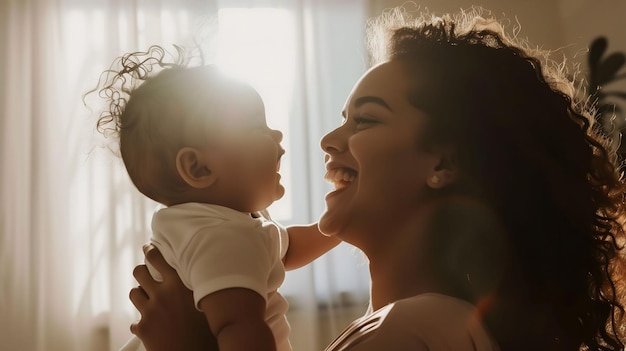 a mother and baby smile together in a photo by person