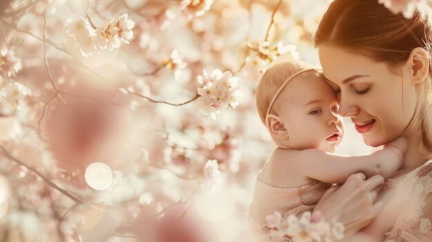 Photo mother and baby surrounded by beautiful soft pink cherry blossoms the gentle embrace captures a tender moment of love perfect for family spring and naturerelated projects warm pastel style ai