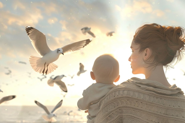 Mother and baby watching seagulls fly overhead oct