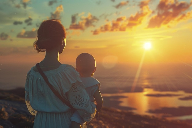 Mother and baby watching the sunset over the horiz