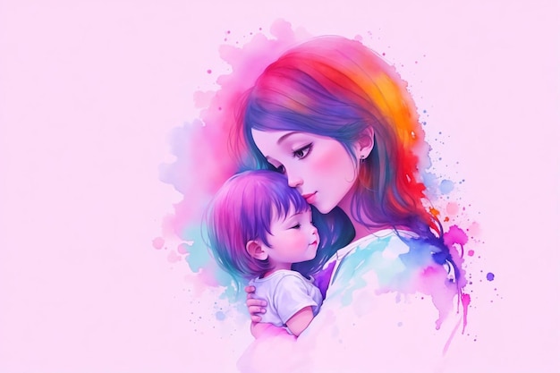 Mother and baby in watercolor splashes Happy family concept