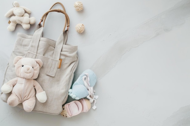 Photo mother bag with baby stuff soft bag with children warm clothes and knitted toys on light background