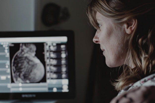 Mother to be captivated by ultrasound photos of unborn child