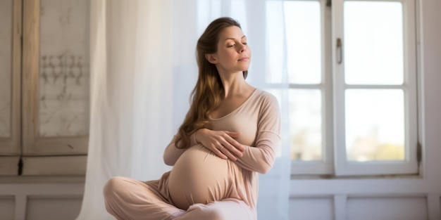 Mother to be sitting and affectionately holding her belly