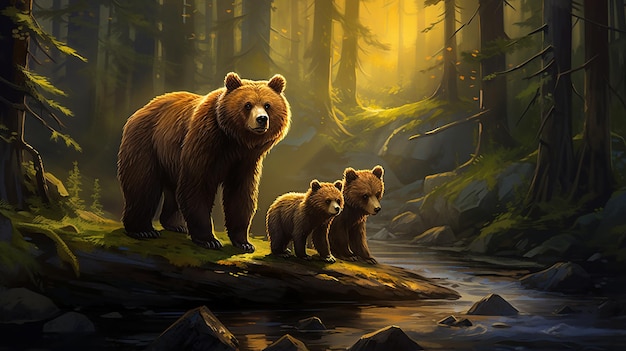 Mother Bear and Cubs Roaming in the Forest HyperRealistic Wildlife Photography