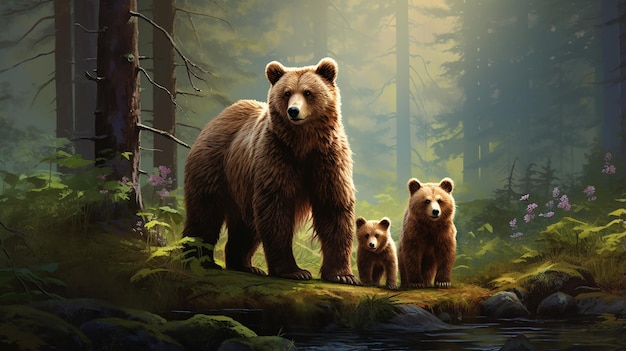 Mother Bear and Cubs Roaming in the Forest HyperRealistic Wildlife Photography