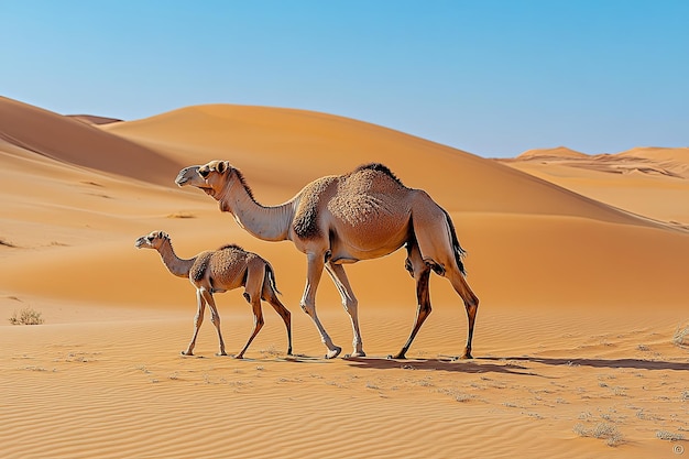 A mother camel and her calf walk through the desert