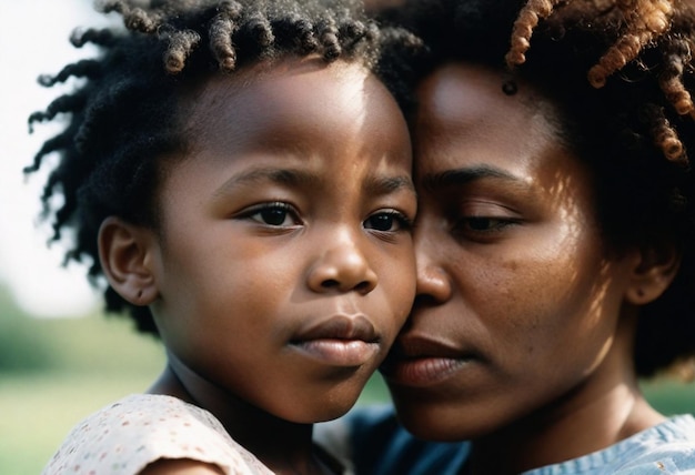 a mother and child are looking at the camera