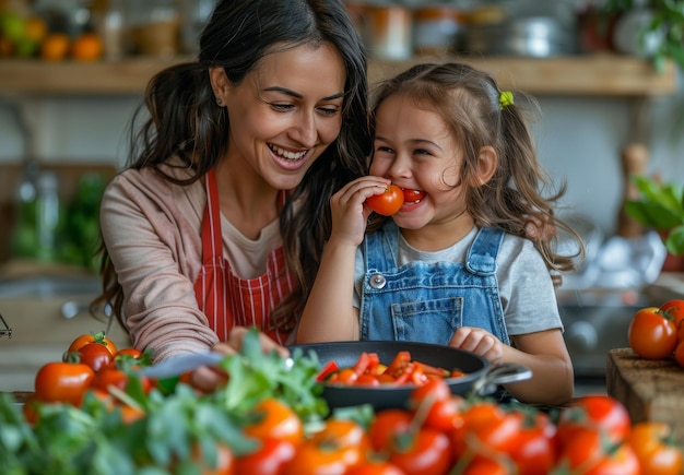 Mother and child cooking with tomatoes