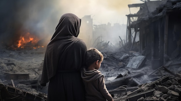 Photo mother and child in destroyed city in palestine israel war conflict humanitarian crisis concept