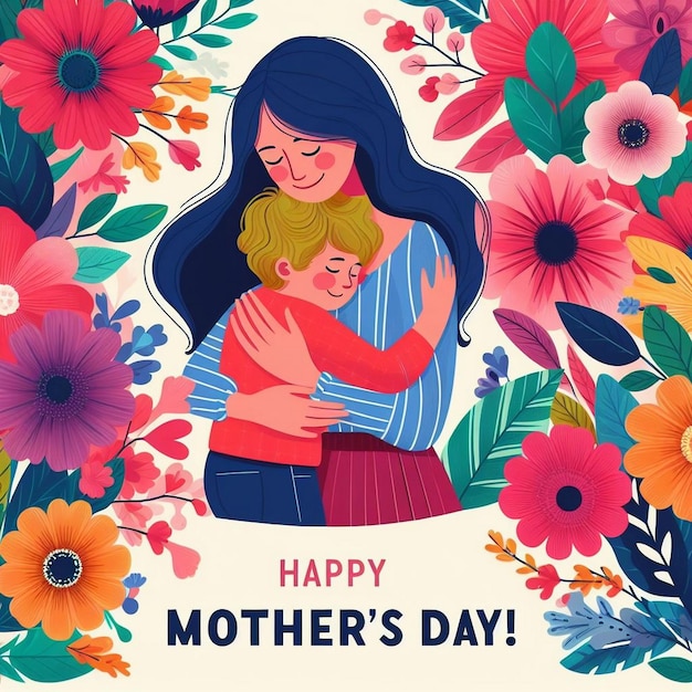 A mother and child embraced in a hug surrounded by vibrant flowers Mothers Day illustration