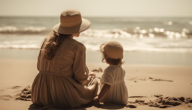 Mother and child enjoying a leisurely day at the beach with the sea and sun Mother's Day