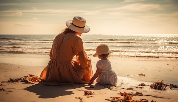 Mother and child enjoying a leisurely day at the beach with the sea and sun Mother's Day