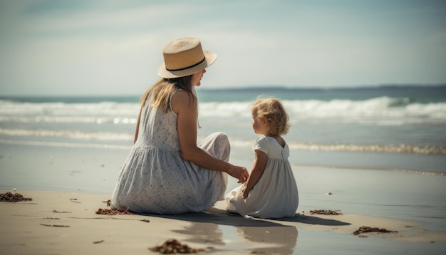 Mother and child enjoying a leisurely day at the beach with the sea and sun Mother's Day