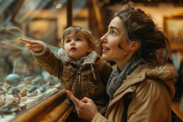 A mother and child exploring a museum pointing at exhibits with expressions of wonder and curiosity