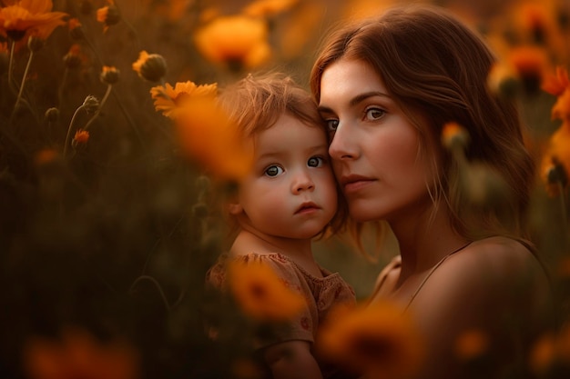 A mother and child in a field of flowers