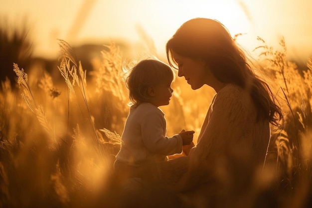 a mother and child in a field of wheat