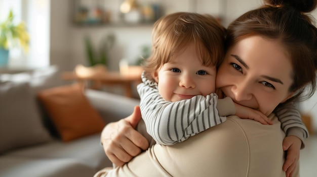 Mother and child hugging in the home Mothers Day background image