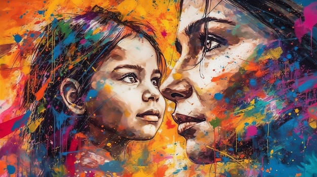 Mother and Child Ink Splatter Vibrant Painting Mothers Day