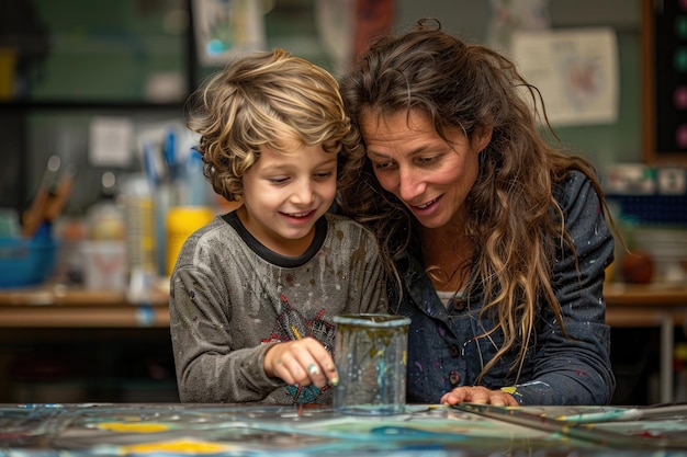 Photo mother and child painting together joyful art session in colorful home studio