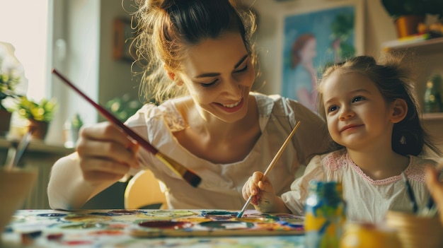 Photo a mother and child painting together