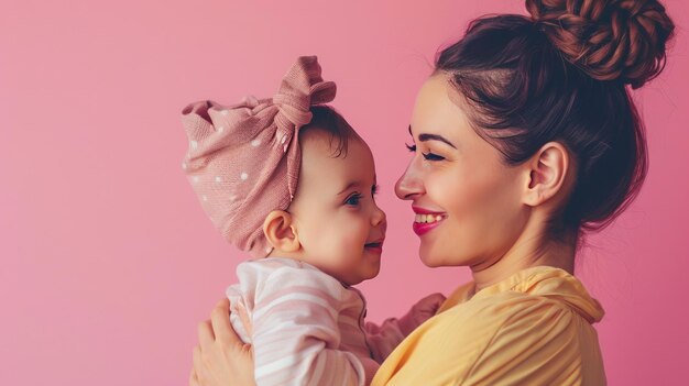 Mother and child on pink background Generate AI image