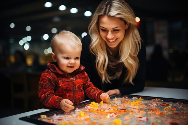 a mother and child playing with a puzzle.