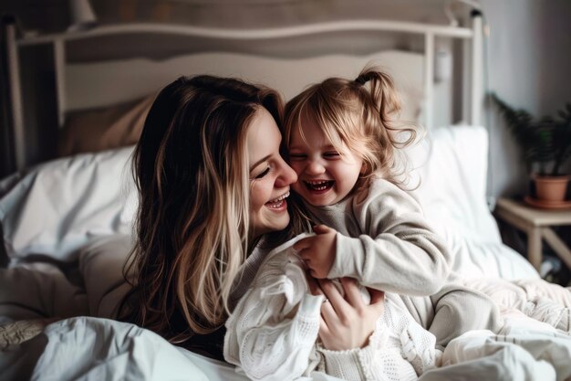 Mother and child sharing lighthearted moment of tickles and giggles on lazy Sunday morning in bed