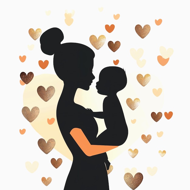 Photo mother and child silhouette with scattered hearts