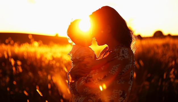 Photo mother and child silhouetted against a sunset in a field