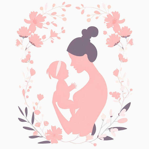 Photo mother and child silhouettes with floral wreath