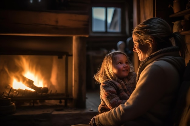 A mother and child sit by a fire in a cabin