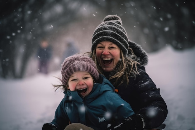 A mother and child sledding in the snow