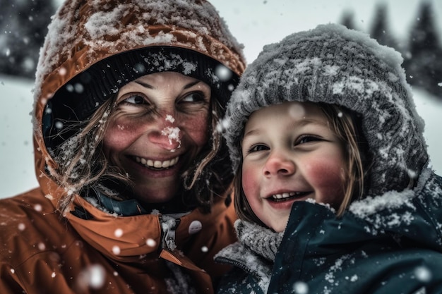 A mother and child smile in the snow