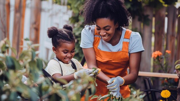 Mother and child volunteering together at a local charity event sharing smiles