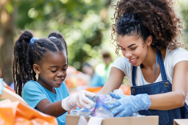 Mother and child volunteering together at a local charity event sharing smiles