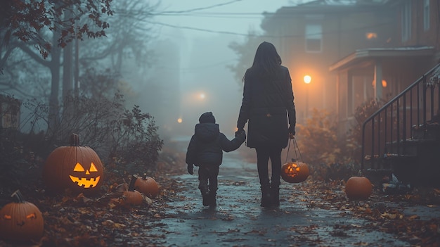 A mother and child walk through a foggy street on Halloween night carrying jacko39lanterns