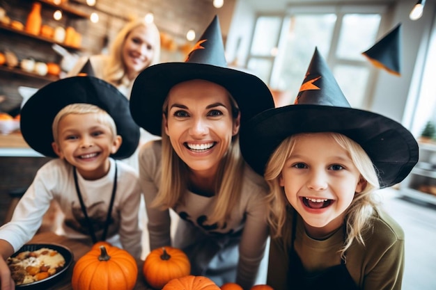 Photo mother and children in the kitchen standing in fancy dress and looking at the camerahalloween