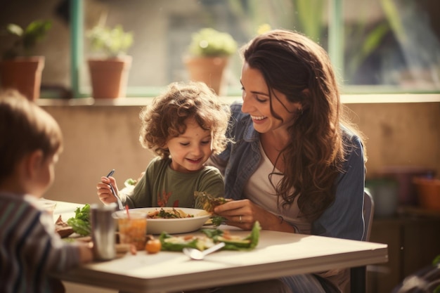 mother and children at the kitchen table eating vegan food