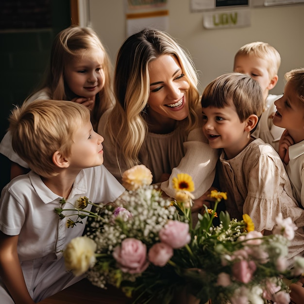 a mother and children pose for a photo with a bunch of flowers.