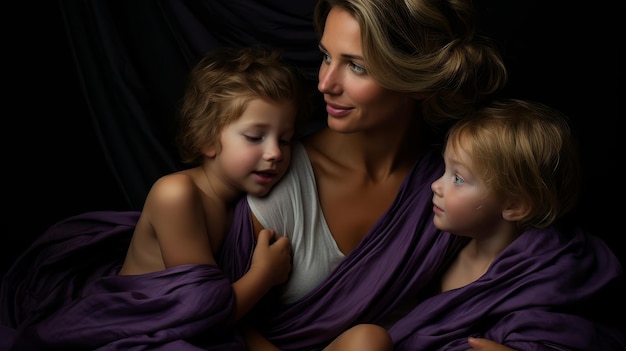 Mother and children united in royal purple