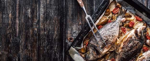 Mother cooks dinner for the whole family bakes dorado fish