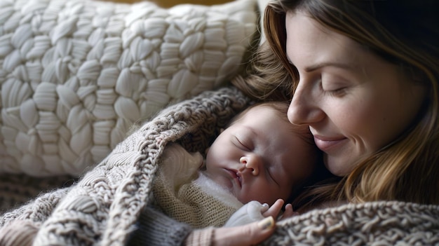 Mother cradling her newborn baby both enveloped in soft warm blankets in cozy nursery